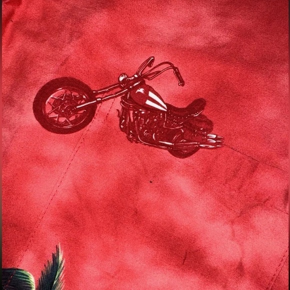 Ky's Red Harley Motorcycle & Palm Trees Hawaiian Button Down Large USA Hawaii - Picture 6 of 9